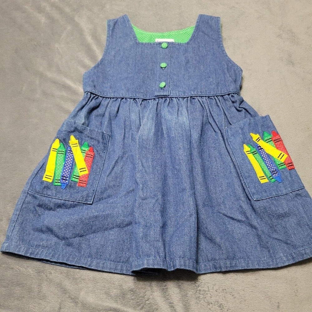 Vtg Samara Girl 4t Blue Jean Crayola Polka Dot Covered Button Patch Pocket Denim